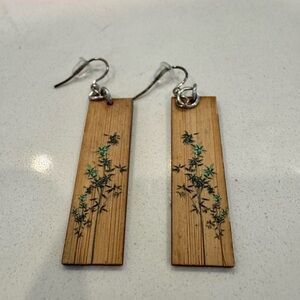 Handmade Artisan Wood Plank Earrings with Greenery Vine Design